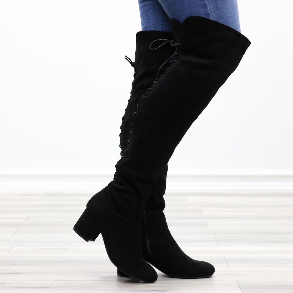 Over The Knee Block Heel Boots With Lace Up Back - Picture 2 of 16